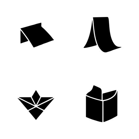 A collection of solid icons depicting folded paper in various states, presented on a clean white background.のイラスト素材
