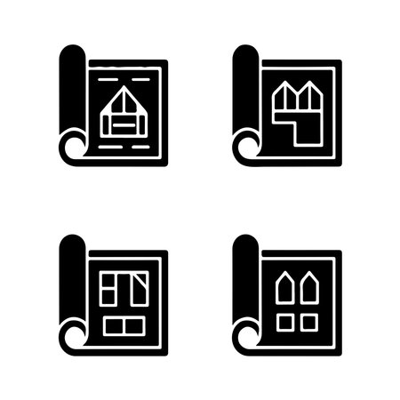 A collection of solid architectural and blueprint icons, each presented individually on a clean white background for easy integration.のイラスト素材