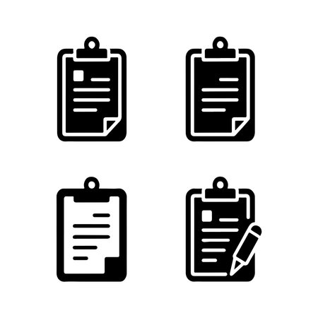 A collection of solid icons depicting clipboards with paper, presented in a clean, isolated on white background format.のイラスト素材