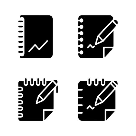 A collection of solid icons depicting various aspects of draft or sketch paper, presented in a clean, isolated format on a white background.のイラスト素材