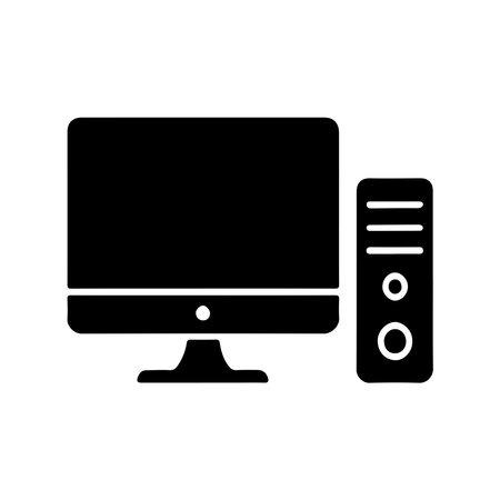 A clean, solid icon representing a desktop computer. This graphic is presented isolated on a white background for easy integration.のイラスト素材