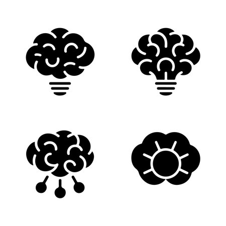 A collection of solid icons representing brainstorming concepts, presented as a single graphic isolated on a white background.のイラスト素材