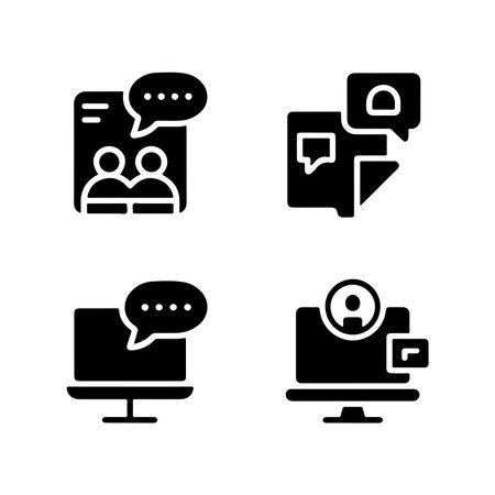 A collection of solid icons representing office communication tools and concepts, presented isolated on a clean white background.のイラスト素材