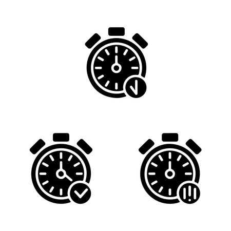 A collection of solid icons representing various aspects of time management, presented clearly isolated on a white background.のイラスト素材
