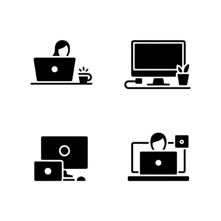 A collection of solid icons representing remote work setups, presented clearly isolated on a white background for easy integration.のイラスト素材