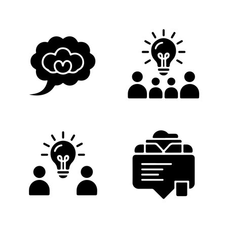 A collection of solid icons representing idea sharing concepts, presented as an isolated object on a white background.のイラスト素材