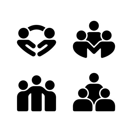 A collection of solid icons representing teamwork and group collaboration, presented on a clean white background.のイラスト素材