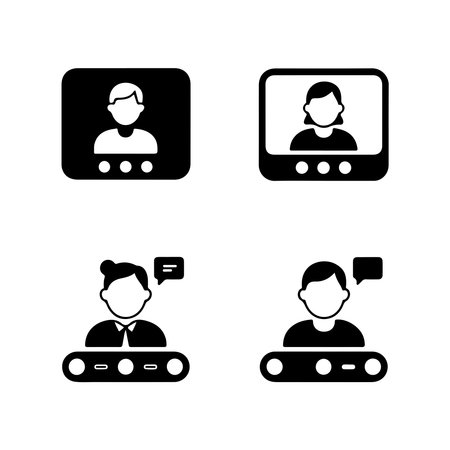 A collection of solid icons representing various aspects of video call meetings, presented isolated on a white background.のイラスト素材