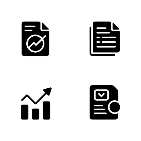 A collection of solid icons representing data and reporting concepts, presented as a single graphic isolated on a white background.のイラスト素材