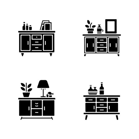 A collection of solid sideboard icons presented individually on a clean white background for versatile design applications.のイラスト素材