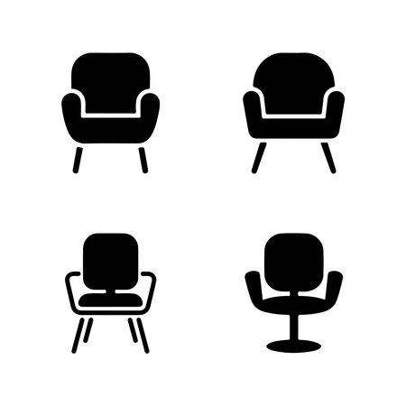 A collection of solid icons representing a task chair, presented individually isolated on a clean white background.のイラスト素材