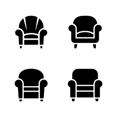 A collection of solid armchair icons presented individually on a clean white background, perfect for user interface design.のイラスト素材