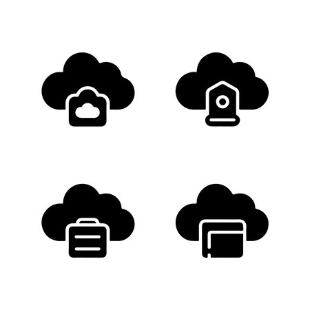 A collection of solid cloud storage icons, presented individually on a clean white background for versatile use.のイラスト素材