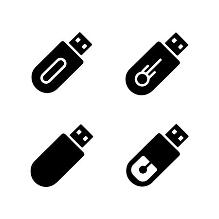 A collection of solid icons representing USB flash drives, presented clearly on a white background for easy integration.のイラスト素材