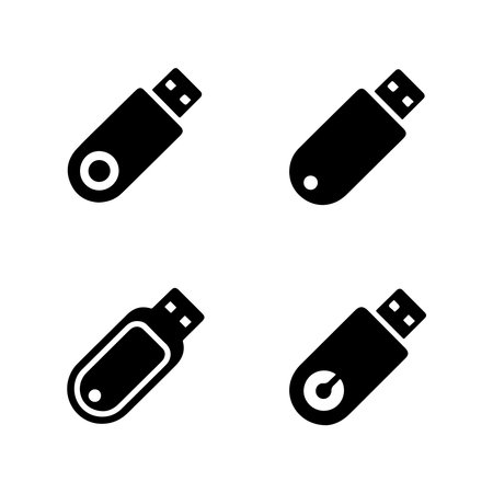 A collection of solid icons representing USB flash drives, presented in a clean, isolated format on a white background.のイラスト素材