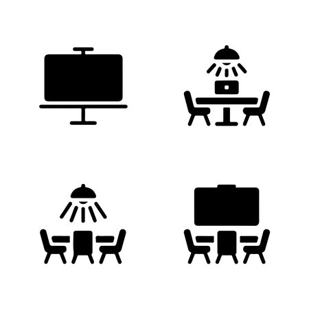A collection of solid icons representing various elements found in a conference room, presented on a clean white background.のイラスト素材