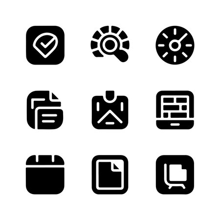 A collection of solid icons for productivity applications, presented individually isolated on a clean white background.のイラスト素材