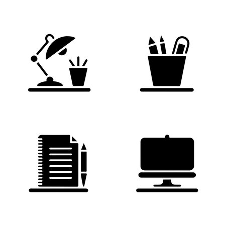 A collection of solid icons representing various stationery items commonly found on a desk, presented isolated on a white background.のイラスト素材