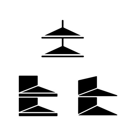 A collection of solid icons representing various corner shelf designs, presented isolated on a white background.のイラスト素材