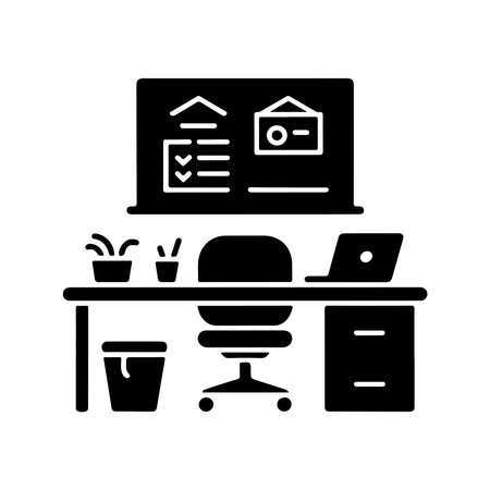 A solid icon representing a training room desk setup, featuring essential office items, isolated on a clean white background.のイラスト素材