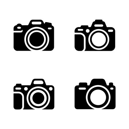 A collection of solid icons representing DSLR cameras and related photography equipment, all isolated on a clean white background.のイラスト素材