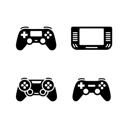 A collection of solid icons representing gaming consoles and related elements, presented clearly isolated on a white background.のイラスト素材
