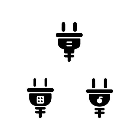 A collection of solid plug connector icons presented individually on a clean white background, ideal for digital interfaces.のイラスト素材