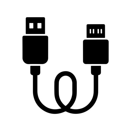A single, solid icon representing a USB cable. This graphic is presented clearly isolated on a white...