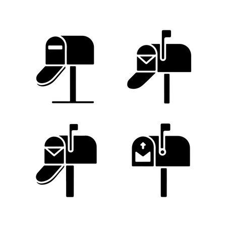 A collection of solid icons representing postboxes and mailboxes, all isolated on a clean white background for easy integration.のイラスト素材