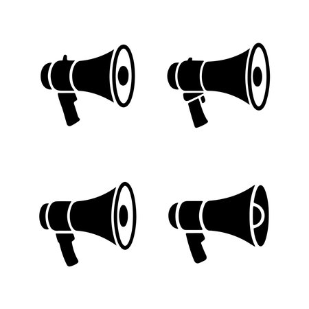 A collection of solid megaphone icons, presented clearly isolated on a white background for versatile design use.のイラスト素材