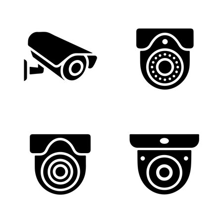 A collection of solid icons representing smart security cameras, presented in a clean, isolated format on a white background.のイラスト素材