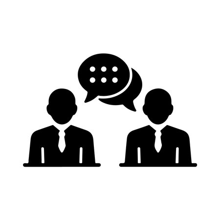 A solid icon representing a meeting conversation, featuring a speech bubble. The graphic is isolated on a clean white background.のイラスト素材