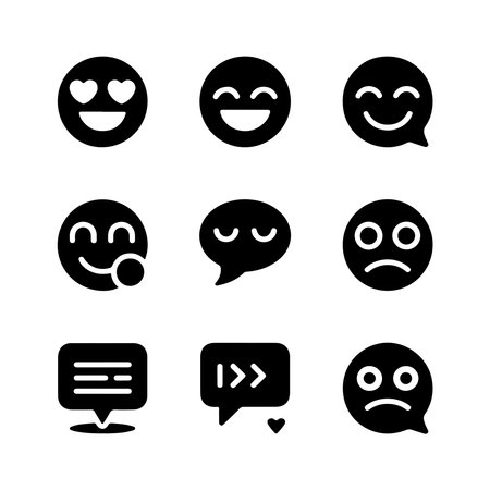 A collection of solid emoji icons representing communication concepts, presented as an isolated object on a clean white background.のイラスト素材