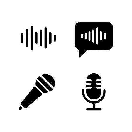 A collection of solid icons representing voice messages, featuring sound waves and a microphone. Ideal for communication and audio interfaces.のイラスト素材