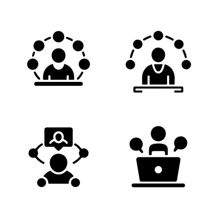 A collection of solid icons representing remote teamwork, collaboration, and communication concepts for digital projects.のイラスト素材