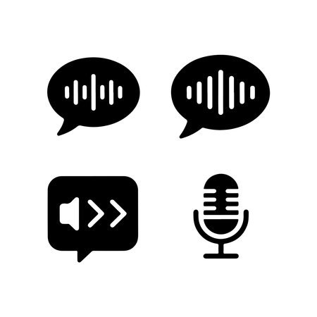 A collection of solid icons featuring sound waves, a microphone, and voice message elements for digital communication interfaces.のイラスト素材
