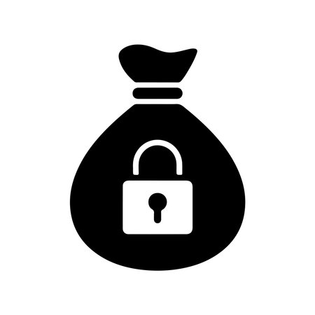 A solid icon of a money bag secured with a lock, representing financial security and savings, isolated on a white background.のイラスト素材