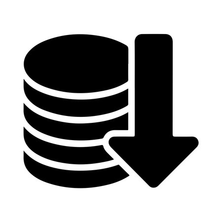 A solid icon depicting a stack of coins with an arrow pointing downwards, presented isolated on a clean white background.のイラスト素材