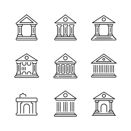 A collection of simple bank building icons in both outline and solid styles, presented isolated on a white background for easy integration.のイラスト素材