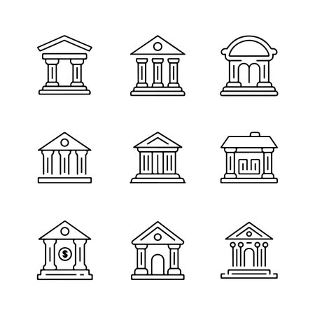 A collection of minimal outline and solid icons representing bank buildings, presented as an isolated object on a white background.のイラスト素材