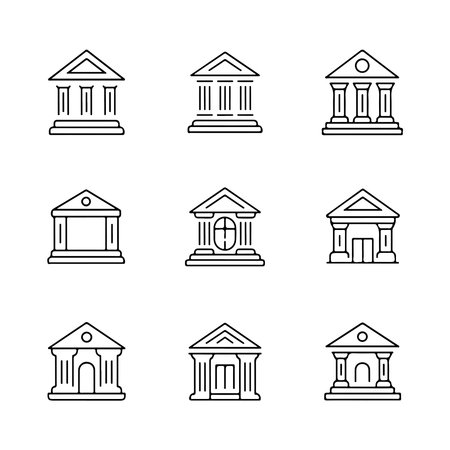 A collection of minimal bank building icons in both outline and solid styles, presented isolated on a white background.のイラスト素材