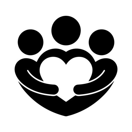 A single solid icon depicting people holding a heart, presented clearly on a white background for easy integration.のイラスト素材