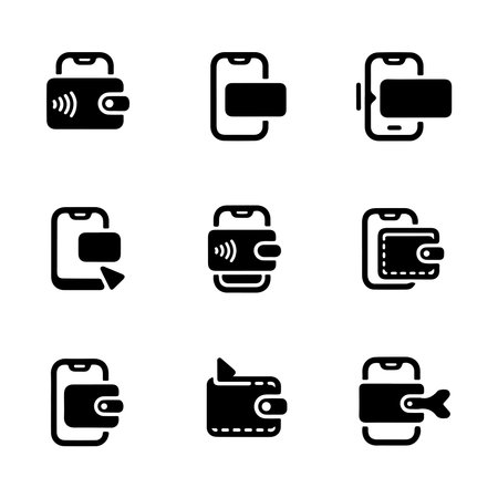 A collection of solid icons representing mobile wallet tap to pay functionality, presented on a clean white background.のイラスト素材