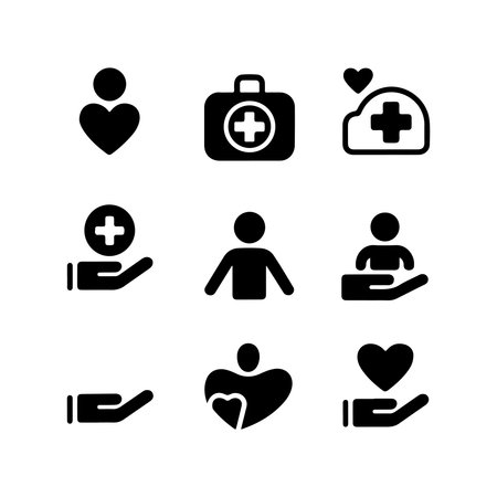 A collection of solid icons representing first aid and community help, presented isolated on a clean white background.のイラスト素材