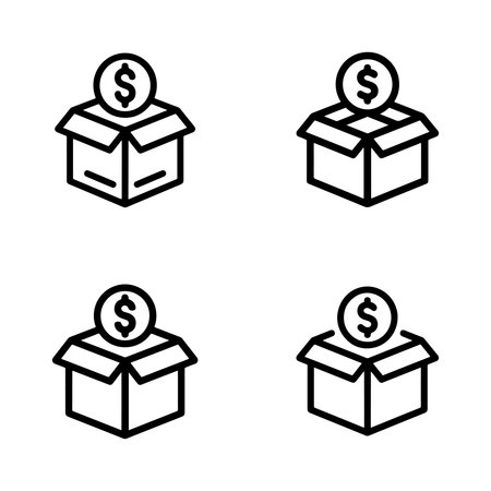 A set of simple outline icons representing donation boxes and related charitable giving elements, presented isolated on a clean white background.のイラスト素材