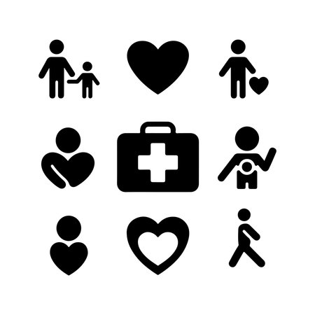 A collection of solid icons representing first aid and community help, presented as an isolated object on a white background.のイラスト素材