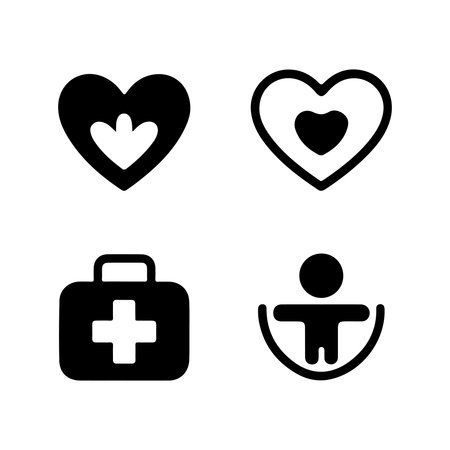 A collection of solid icons representing first aid and community help services, presented isolated on a white background.のイラスト素材