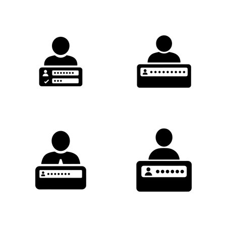A collection of solid icons representing user authentication and login processes, presented clearly isolated on a white background.のイラスト素材