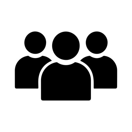 A simple, solid icon depicting a group of people in a forum setting, presented isolated on a clean white background.のイラスト素材