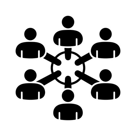 A solid icon representing remote community teamwork and collaboration, presented isolated on a clean white background.のイラスト素材